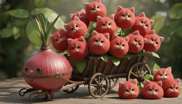 Red onion creature pulling a wooden cart filled with fluffy kitten heads. Fantasy surreal garden scene with cute round cat characters. Whimsical fairy tale art for children story.