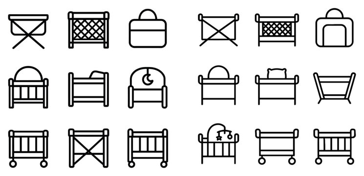 Nursery icons with crib bassinet bag outline style