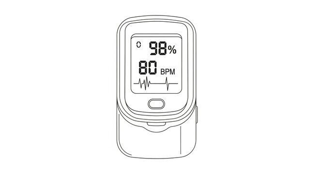 Pulse oximeter device with heart rate and oxygen saturation levels on screen