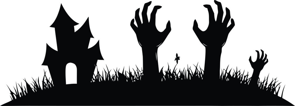 Black silhouette of zombie hands rising from grave with castle