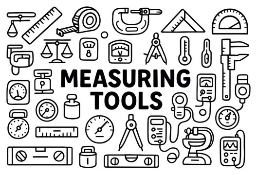 Measuring tools icons with ruler caliper compass in clean outline style