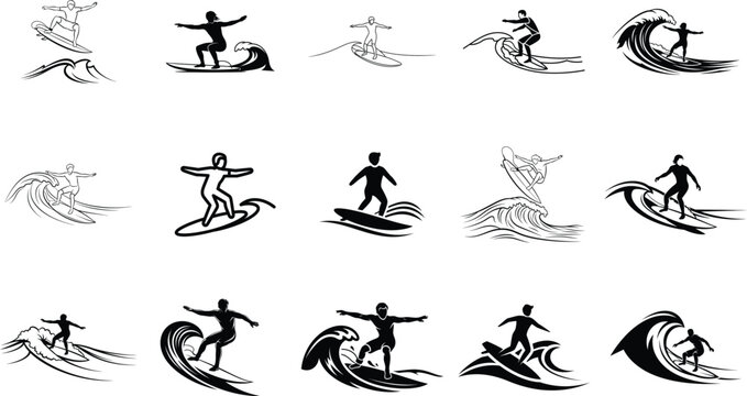 Black silhouette surfing icons dynamic wave riders in various poses