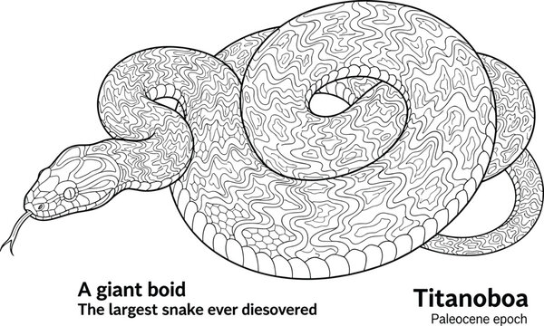 Titanoboa prehistoric snake species from paleocene epoch line art illustration.