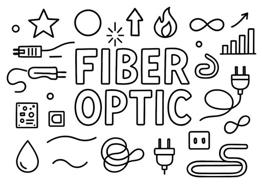 Technology icons with fiber cable plug outline handdrawn