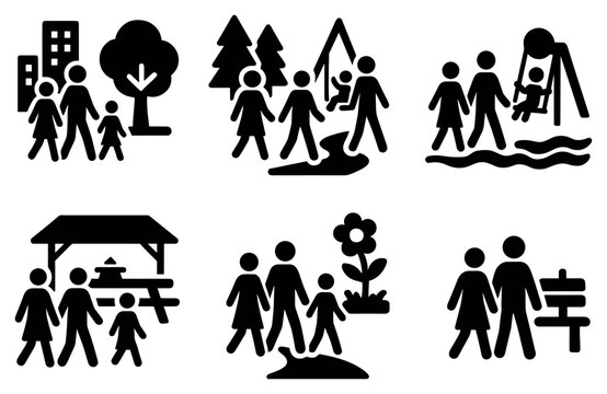 Park icons with family tree swing picnic flat