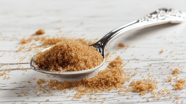 Spoon holds brown sugar on a white wooden table.