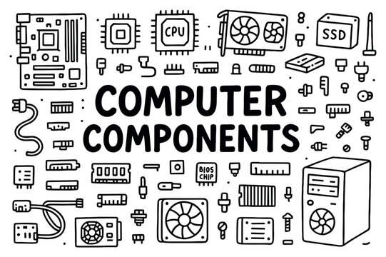 Computer components icons with cpu fan motherboard outline