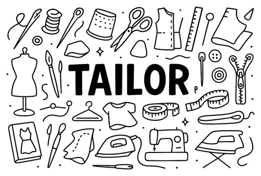 Tailor icons with mannequin and sewing machine outline style