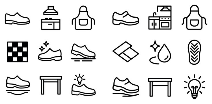 Footwear icons with shoe apron kitchen minimal outline