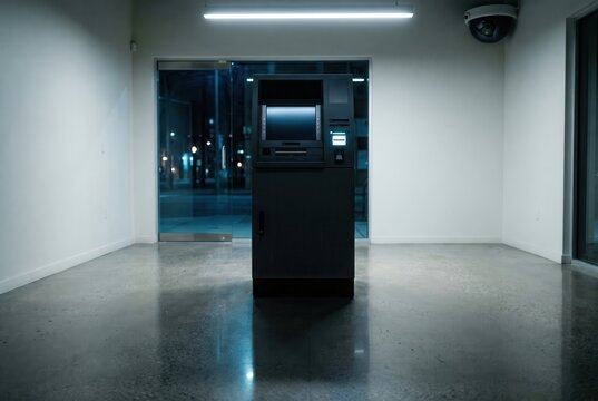 Black ATM machine with lit screen in empty lobby at night