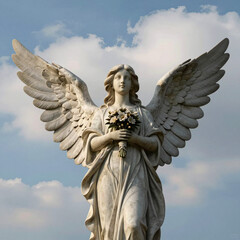 Fototapeta premium Statue of Angel holding Flowers against a Cloudy Sky
