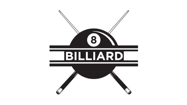Billiard logo with 8 ball, crossed pool cue sticks, and horizontal text banner for sports branding premium design featuring bar signage, tournament,
