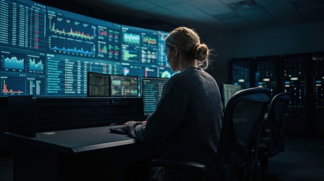 Woman working multiple monitors in dark security operations center