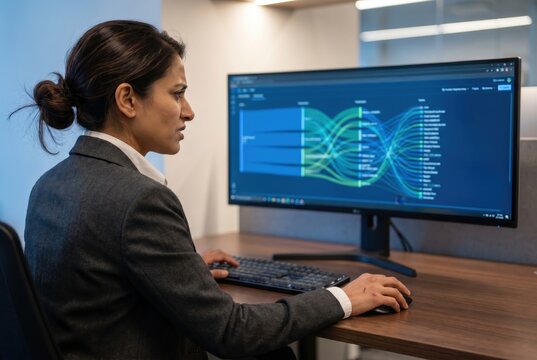 Woman analyzing transaction flow data on wide computer monitor office