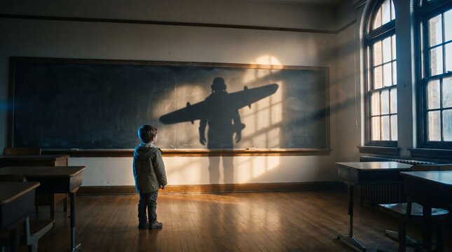 Child looking at pilot shadow on classroom wall representing future dream career