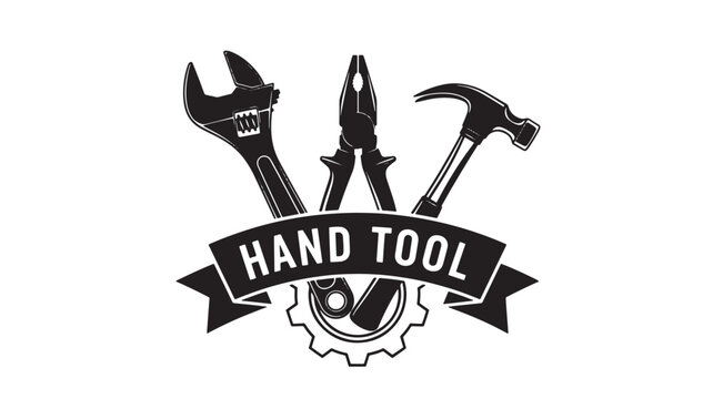 Hand tool emblem with crossed wrench, pliers, hammer and screwdriver featuring premium workshop style ribbon logo featuring repair, maintenance,