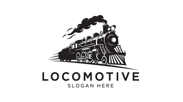 Train locomotive logo with smoke and motion lines, luxury premium badge design for travel, railway branding and slogans featuring steam engine,