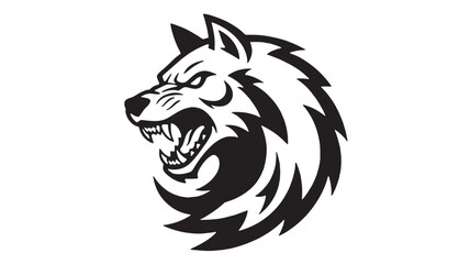 Obraz premium Wolf head logo with aggressive expression, sharp fangs, and bold black and white tribal stripes on clean background featuring predator, mascot,
