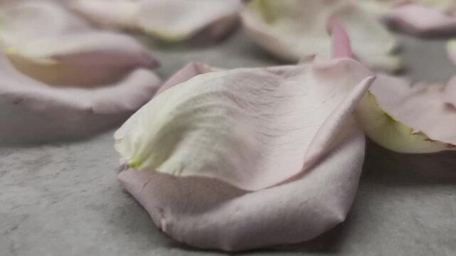 Pink rose petals drying and wilting over time on a textured grey background. The delicate petals curl and change texture, showcasing aging and decay