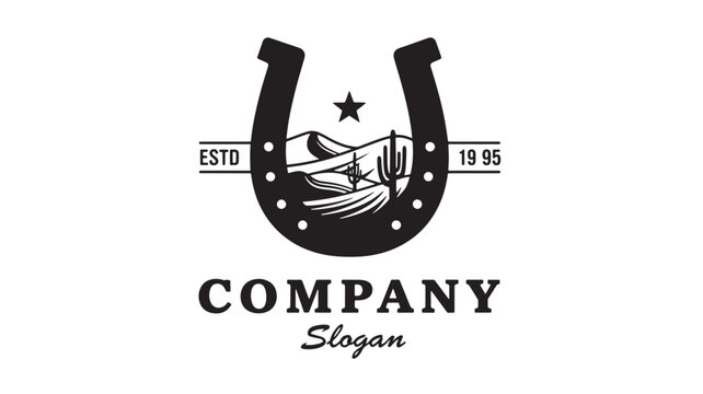 Horseshoe logo design with vintage barbershop stripes, hand sign, and star motif for premium company branding featuring emblem, typography, slogan