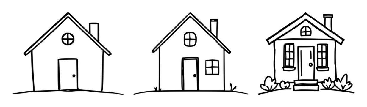 Home icon set with stylized outline and simple black line art design featuring house, silhouette, residential with iconography and graphic