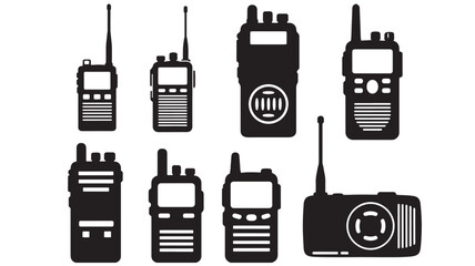 Walkie talkie radio icons set with black silhouettes and white display symbols for communication and wireless design featuring handheld device, © Moinul