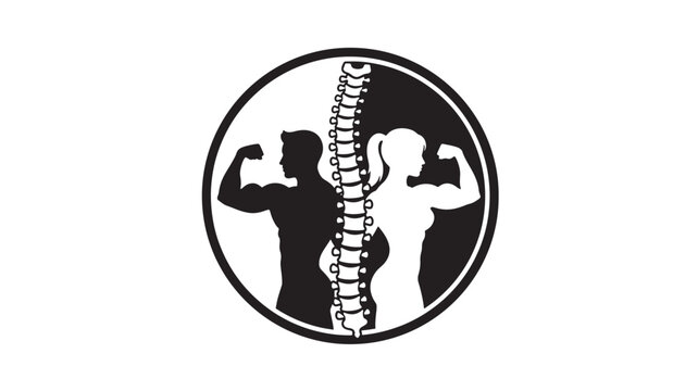 Skeleton spine chiropractic emblem with flexing athletes silhouette icon inside circular black outline logo featuring chiropractics, posture,