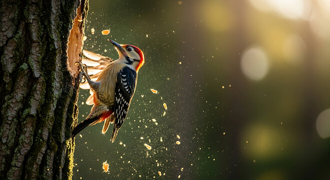 A woodpecker is pecking at a tree in the forest, creating a shower of wood chips around it.