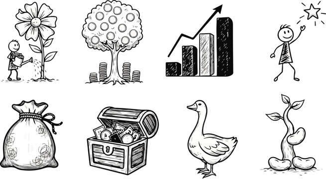 Collection of business finance and nature related doodle icons including money tree and growing plant vector set.