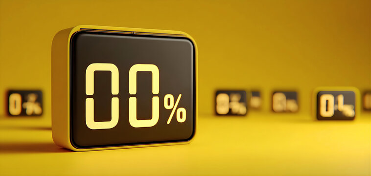 3d rendered loading bar with percentage progress indicators on yellow background showcasing zero percent completion in the foreground