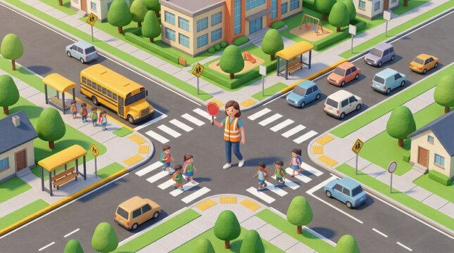 Pedestrian and Cyclist Safety in School Zones With Children Crossing the Street and a Crossing Guard