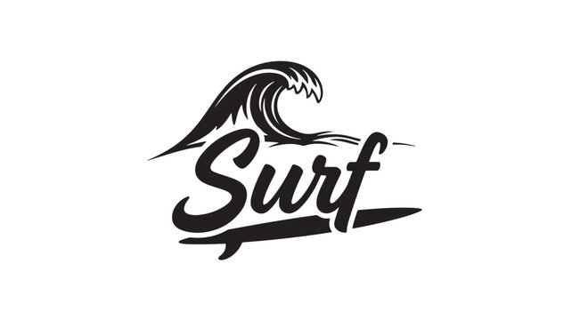 Surf word art logo with black wave and retro script style for beach branding and surfing events marketing featuring surfer, ocean waves, t-shirt
