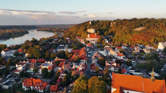 Golden Hour Aerial View of Kazimierz Dolny Old Town with Vistula River, Poland