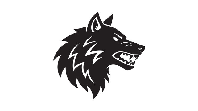 Wolf head logo with sharp white eyes, fierce snarl, and bold black tribal style for sports and esports branding featuring mascot, animal emblem,
