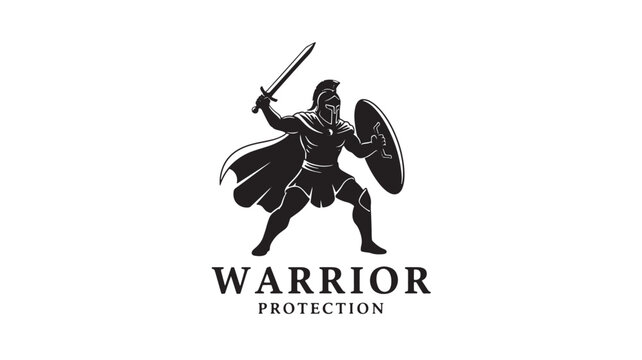 Warrior protection logo with knight silhouette holding sword and shield for armor safety and tactical defense branding featuring combat, guard,