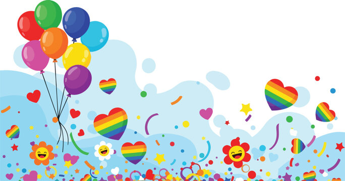 Festive background with colorful balloons and rainbow hearts for pride month celebration and happy holiday decoration.