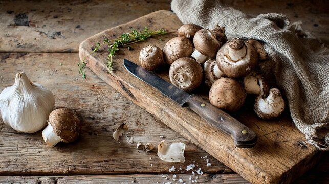 Mushrooms lie on a wooden board, ready for cooking.