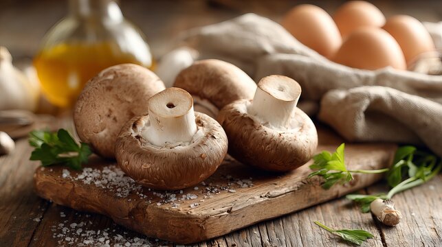 Mushrooms lie on a wooden board, ready for cooking.