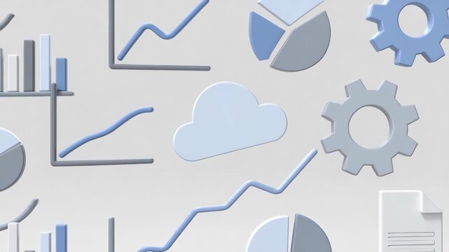 Various business charts, cloud and gear in minimal style on light backdrop, representing data analysis and technology concept