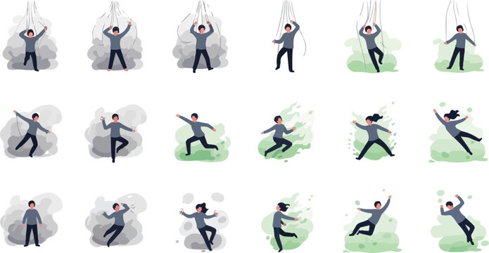 Man jumping and falling with parachute smoke and dust cloud graphic elements set isolated on white.