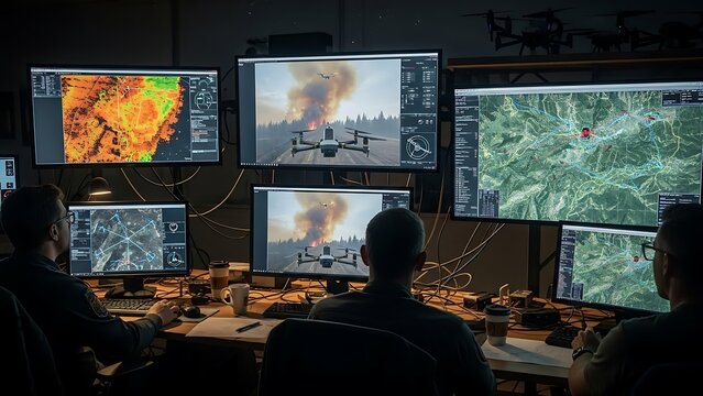 Operations center personnel diligently monitor real-time data on multiple screens, managing drone surveillance and wildfire response efforts to protect affected areas using advanced technology.