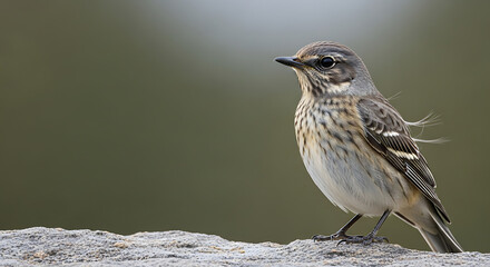 Fototapeta premium A small bird perches on a rock in a natural outdoor setting with trees.