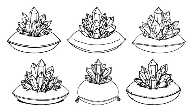 Crystal cluster set with black line art on white background featuring crystal, line art, velvet with illustration and vector