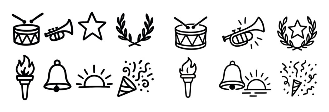 Celebration icons with drum trumpet star outline black