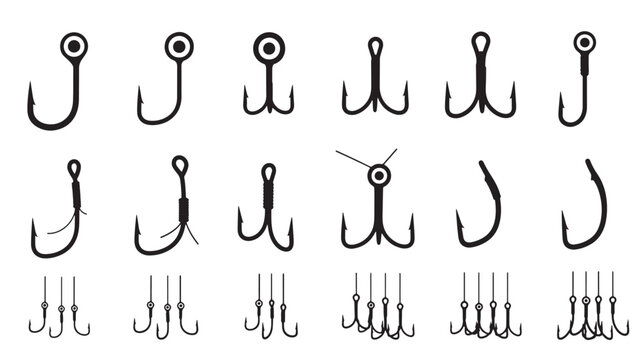 Fishing hooks icons set with black outline lines and various hook styles for angling and tackle branding featuring baiting, line, marine with outdoor