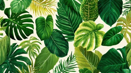 Obraz premium Vibrant tropical leaves pattern featuring a variety of exotic foliage like monstera and palm fronds in rich green and lime hues, hand-painted watercolor style on a clean light cream background