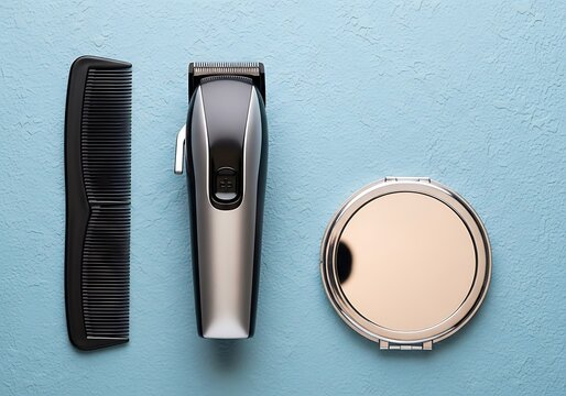 Grooming essentials hair clippers comb and shaving mirror on light blue surface