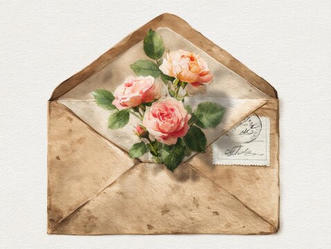 Elegant vintage watercolor illustration of a worn kraft paper envelope containing delicate pink and peach roses with green leaves, featuring an antique postage stamp on a textured white background