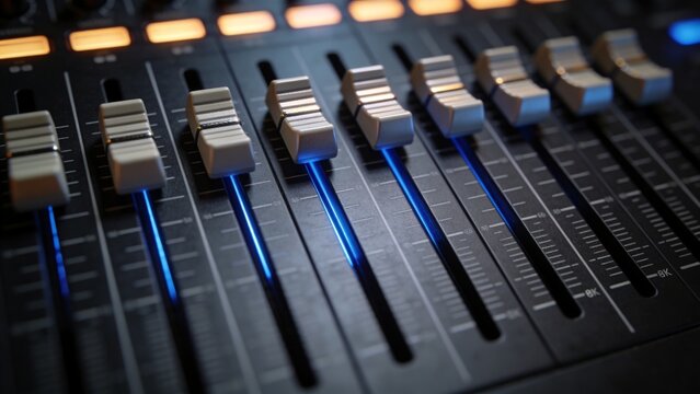 Graphic Equalizer Sliders &ndash; Macro Close-Up of Audio Control Panel, Minimal Interface Design, Sound Adjustment System, Modern Music Technology Background