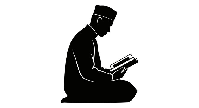 Eid ul Adha Man reading book, sitting, Muslim priest silhouette, black icon, simple illustration isolated on White Background vector